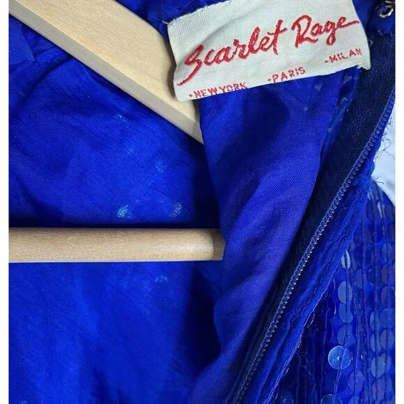 SCARLET RAGE Women's Vintage Blue Sequin Silk High Neck Sheath Dress Large - Picture 6 of 8